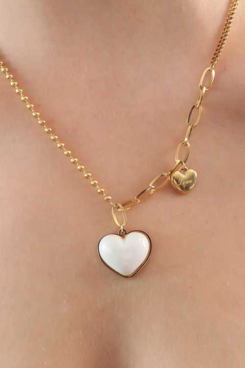 316L Çelik Gold Renk Beyaz Kalp Figür Love İşleme Detay Kadın Kolye - 1
