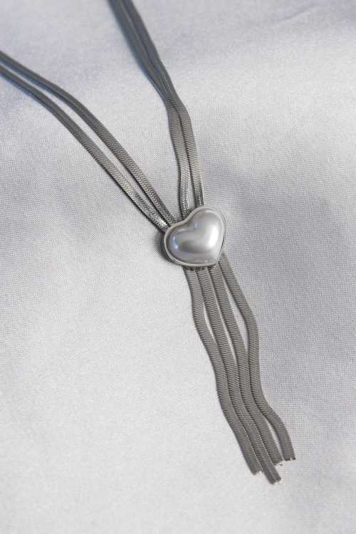 316L Çelik Gümüş Renk İtalyan Zincir Kalp Sallantı Model İncili Kadın Kolye