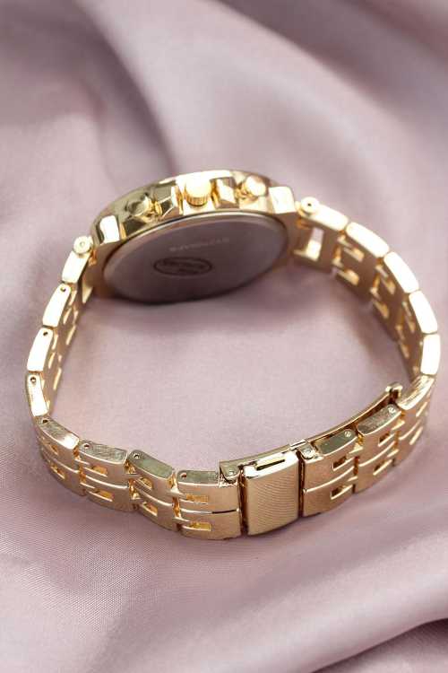 Gold Metal Kordonlu Zirkon Taşlı Kasa Tasarımlı Kadın Saat - 1