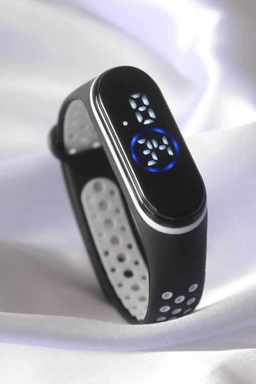 Siyah Beyaz Renk Silikon Kordon Dijital Dokunmatik Led Saat - 0