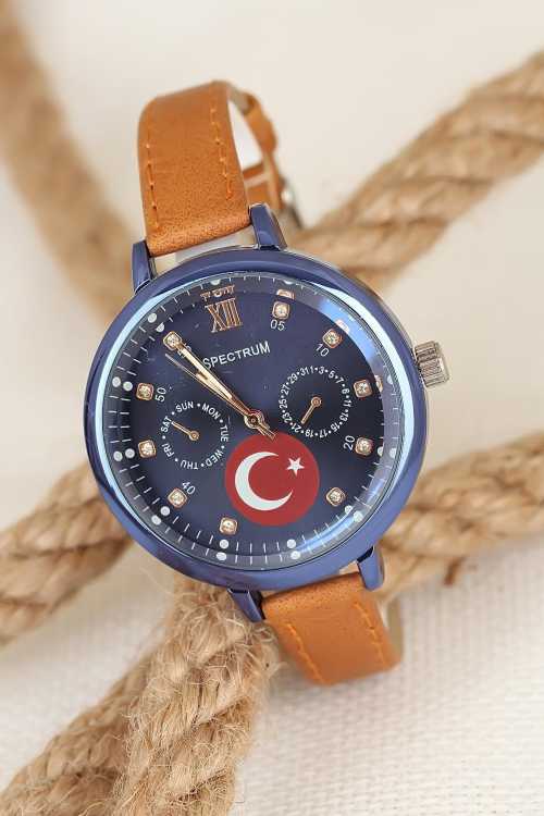 Türk Bayrak Tasarımlı Kahverengi Deri Kordonlu Lacivert Kasa Bayan Saat - 0